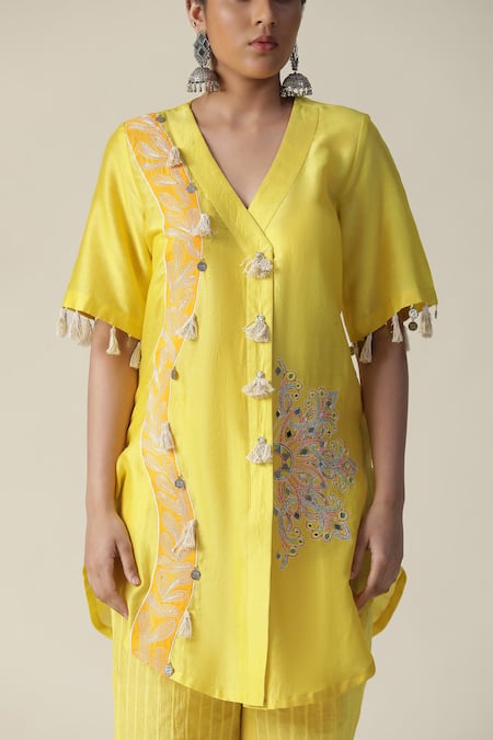 Arpita Sulakshana_Yellow Chanderi Silk, Linen, Crepe Beads, Mandala Embroidered Tunic With Pant _at_Aza_Fashions