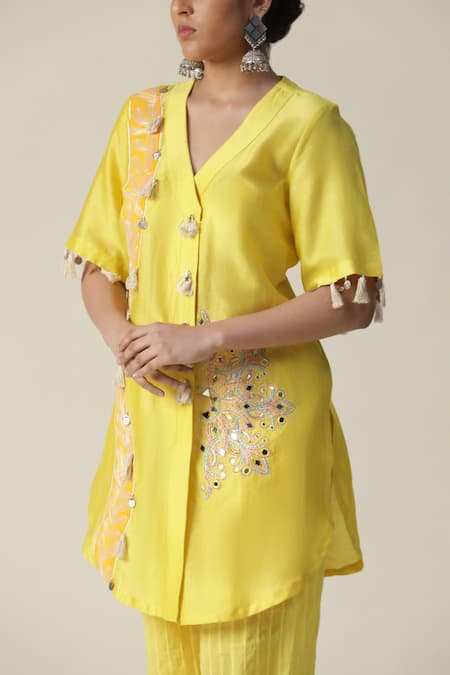 Buy_Arpita Sulakshana_Yellow Chanderi Silk, Linen, Crepe Beads, Mandala Embroidered Tunic With Pant 