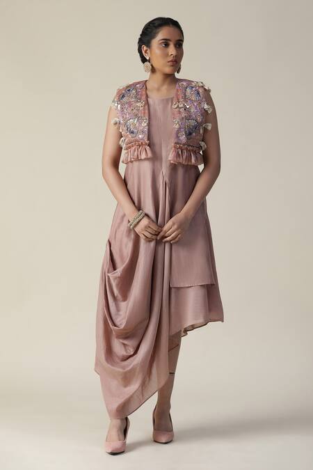 Arpita Sulakshana_Purple Chanderi Silk, Crepe Sequins, Solid Draped Tunic With Embellished Jacket _Online_at_Aza_Fashions