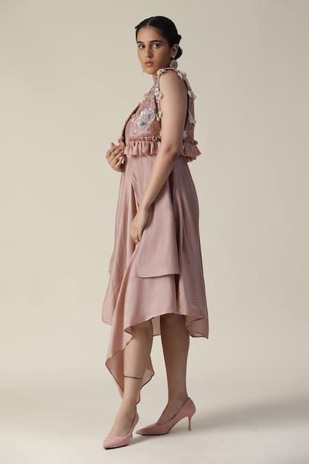 Buy_Arpita Sulakshana_Purple Chanderi Silk, Crepe Sequins, Solid Draped Tunic With Embellished Jacket _Online_at_Aza_Fashions