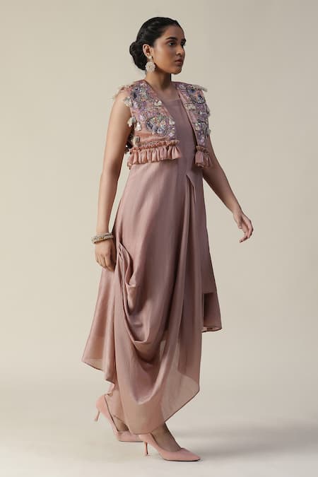 Shop_Arpita Sulakshana_Purple Chanderi Silk, Crepe Sequins, Solid Draped Tunic With Embellished Jacket _Online_at_Aza_Fashions
