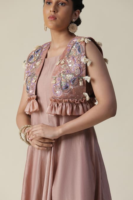 Arpita Sulakshana_Purple Chanderi Silk, Crepe Sequins, Solid Draped Tunic With Embellished Jacket _at_Aza_Fashions