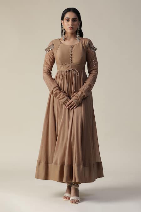 Arpita Sulakshana_Brown Chanderi, Crepe Sequins Round Neck Embellished Anarkali Churidar Set _Online_at_Aza_Fashions