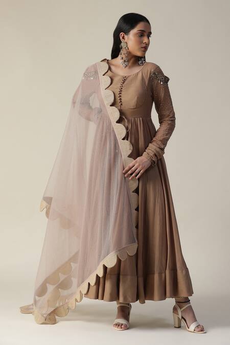 Shop_Arpita Sulakshana_Brown Chanderi, Crepe Sequins Round Neck Embellished Anarkali Churidar Set _Online_at_Aza_Fashions