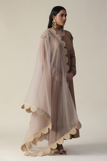 Arpita Sulakshana_Brown Chanderi, Crepe Sequins Round Neck Embellished Anarkali Churidar Set _at_Aza_Fashions