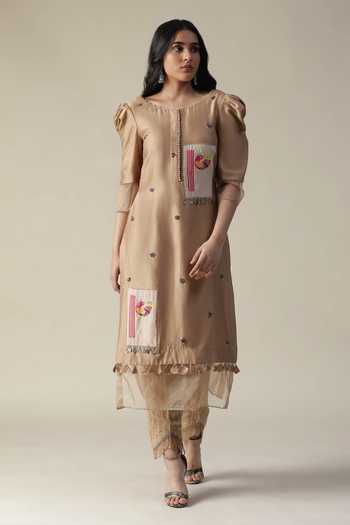 Arpita Sulakshana_Brown Chanderi, Crepe Beads, Patchwork, Tassels, Embellished Kurta Pant Set _Online_at_Aza_Fashions