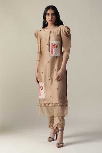 Shop_Arpita Sulakshana_Brown Chanderi, Crepe Beads, Patchwork, Tassels, Embellished Kurta Pant Set _Online_at_Aza_Fashions