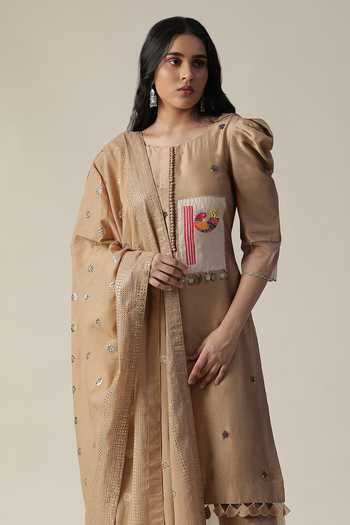 Buy Arpita Sulakshana Brown Chanderi, Crepe Beads, Patchwork, Tassels, Embellished Kurta Pant Set Buy_Arpita Sulakshana_Brown Chanderi, Crepe Beads, Patchwork, Tassels, Embellished Kurta Pant Set