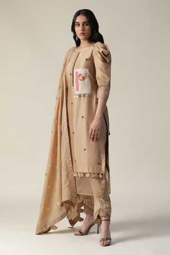 Shop_Arpita Sulakshana_Brown Chanderi, Crepe Beads, Patchwork, Tassels, Embellished Kurta Pant Set 