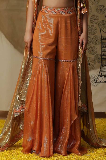 Arpita Sulakshana Orange Georgette, Crepe Sequins V-neck Hand Embroidered Palazzo Set With Cape Online at Aza Fashions Arpita Sulakshana_Orange Georgette, Crepe Sequins V-neck Hand Embroidered Palazzo Set With Cape _Online_at_Aza_Fashions