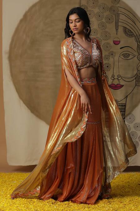 Buy_Arpita Sulakshana_Orange Georgette, Crepe Sequins V-neck Hand Embroidered Palazzo Set With Cape _Online_at_Aza_Fashions