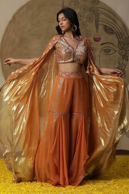 Shop_Arpita Sulakshana_Orange Georgette, Crepe Sequins V-neck Hand Embroidered Palazzo Set With Cape _Online_at_Aza_Fashions