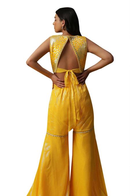 Arpita Sulakshana Yellow Georgette, Crepe Sequins, Beads V-neck Hand Embroidered Palazzo Cape Set Online at Aza Fashions Arpita Sulakshana_Yellow Georgette, Crepe Sequins, Beads V-neck Hand Embroidered Palazzo Cape Set _Online_at_Aza_Fashions