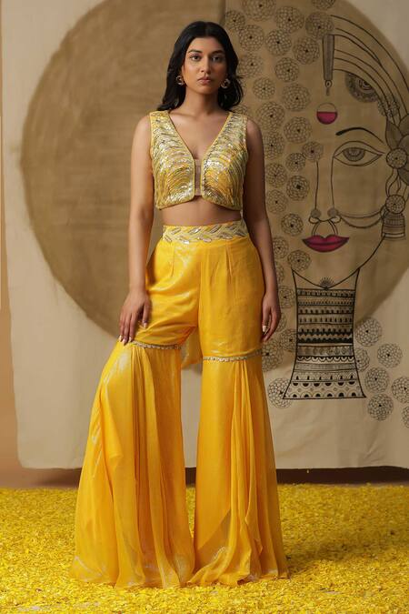 Buy_Arpita Sulakshana_Yellow Georgette, Crepe Sequins, Beads V-neck Hand Embroidered Palazzo Cape Set _Online_at_Aza_Fashions