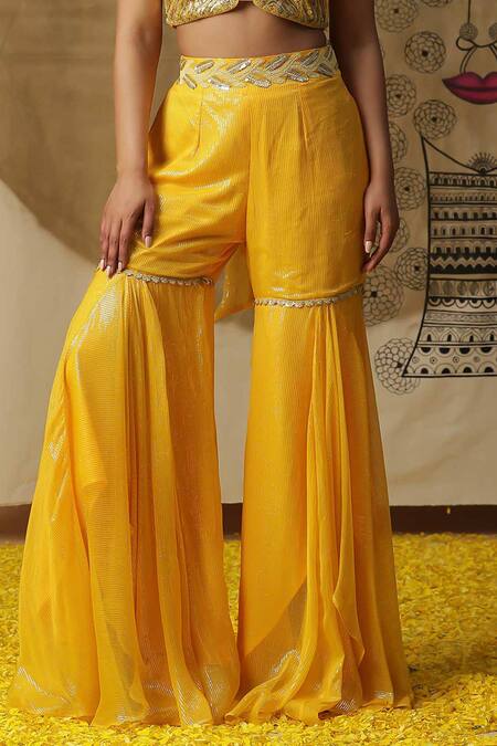 Shop Arpita Sulakshana Yellow Georgette, Crepe Sequins, Beads V-neck Hand Embroidered Palazzo Cape Set Online at Aza Fashions Shop_Arpita Sulakshana_Yellow Georgette, Crepe Sequins, Beads V-neck Hand Embroidered Palazzo Cape Set _Online_at_Aza_Fashions