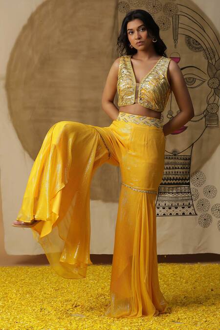 Arpita Sulakshana_Yellow Georgette, Crepe Sequins, Beads V-neck Hand Embroidered Palazzo Cape Set _at_Aza_Fashions
