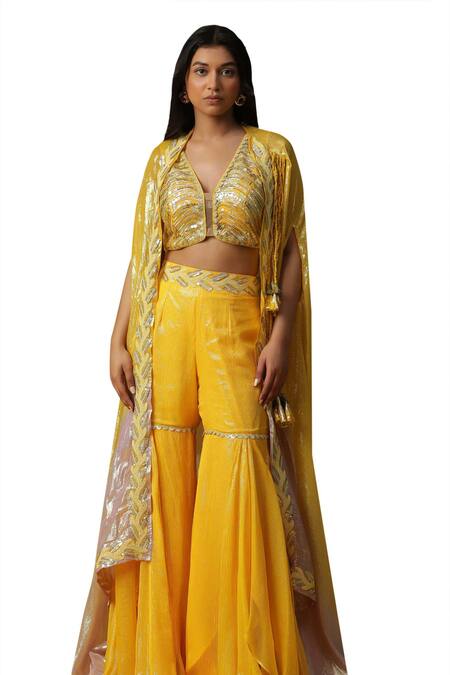Buy Arpita Sulakshana Yellow Georgette, Crepe Sequins, Beads V-neck Hand Embroidered Palazzo Cape Set Buy_Arpita Sulakshana_Yellow Georgette, Crepe Sequins, Beads V-neck Hand Embroidered Palazzo Cape Set