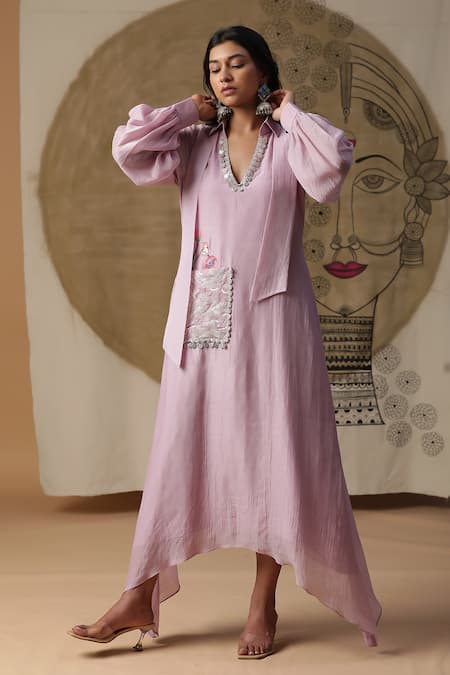 Arpita Sulakshana_Purple Cotton, Crepe Sequins, Embroidery Collared A-line Dress _Online_at_Aza_Fashions