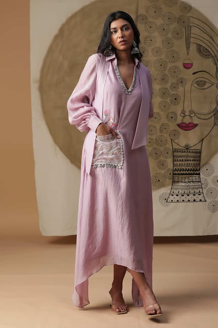 Buy_Arpita Sulakshana_Purple Cotton, Crepe Sequins, Embroidery Collared A-line Dress _Online_at_Aza_Fashions