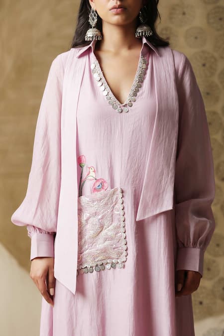 Shop_Arpita Sulakshana_Purple Cotton, Crepe Sequins, Embroidery Collared A-line Dress _Online_at_Aza_Fashions