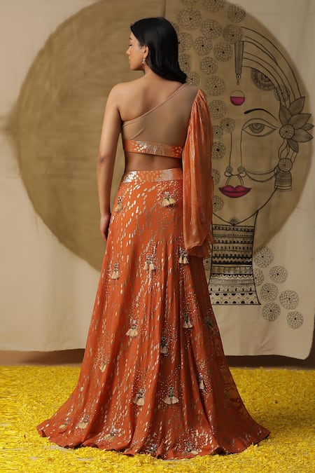 Shop_Arpita Sulakshana_Orange Georgette, Net Sequins, Fringe Asymmetric Textured Lehenga Blouse Set _at_Aza_Fashions
