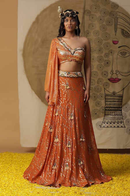 Arpita Sulakshana_Orange Georgette, Net Sequins, Fringe Asymmetric Textured Lehenga Blouse Set _Online_at_Aza_Fashions