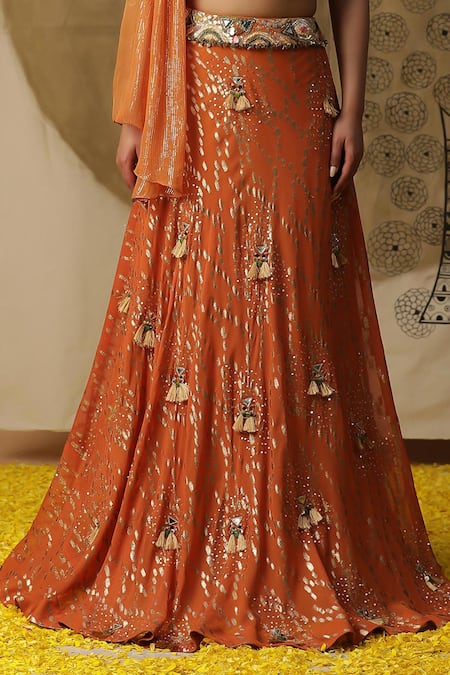 Buy_Arpita Sulakshana_Orange Georgette, Net Sequins, Fringe Asymmetric Textured Lehenga Blouse Set _Online_at_Aza_Fashions