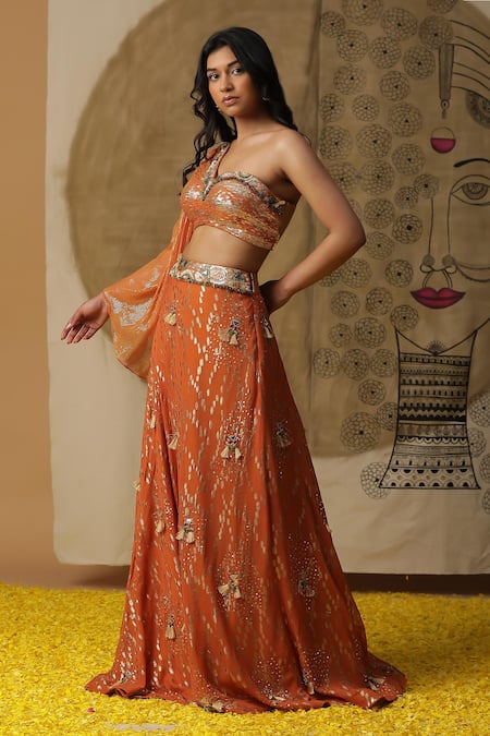 Shop_Arpita Sulakshana_Orange Georgette, Net Sequins, Fringe Asymmetric Textured Lehenga Blouse Set _Online_at_Aza_Fashions
