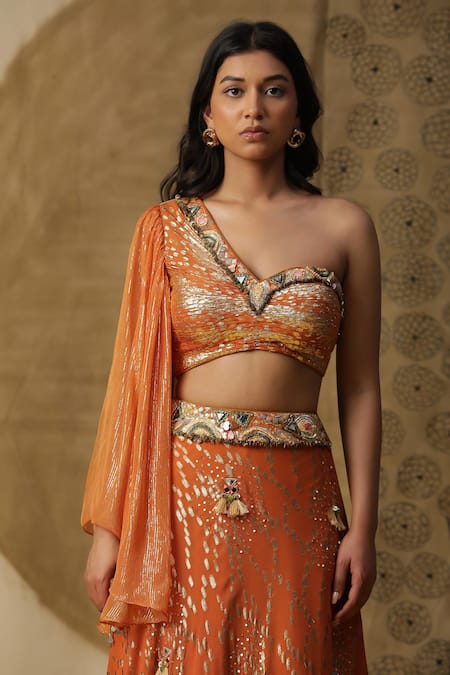Arpita Sulakshana_Orange Georgette, Net Sequins, Fringe Asymmetric Textured Lehenga Blouse Set _at_Aza_Fashions
