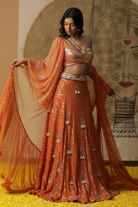 Buy_Arpita Sulakshana_Orange Georgette, Net Sequins, Fringe Asymmetric Textured Lehenga Blouse Set 