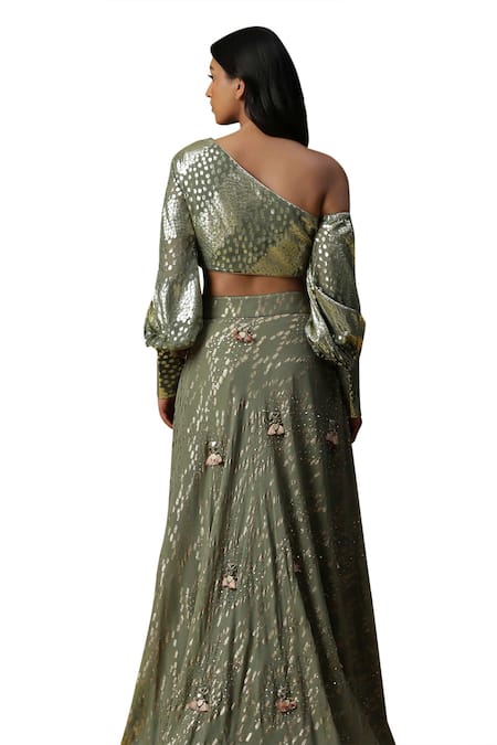 Arpita Sulakshana Green Georgette, Net, Crepe Sequins, Embroidered Textured Lehenga Blouse Set Online at Aza Fashions Arpita Sulakshana_Green Georgette, Net, Crepe Sequins, Embroidered Textured Lehenga Blouse Set _Online_at_Aza_Fashions
