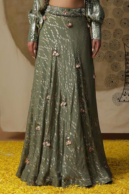 Shop Arpita Sulakshana Green Georgette, Net, Crepe Sequins, Embroidered Textured Lehenga Blouse Set Online at Aza Fashions Shop_Arpita Sulakshana_Green Georgette, Net, Crepe Sequins, Embroidered Textured Lehenga Blouse Set _Online_at_Aza_Fashions