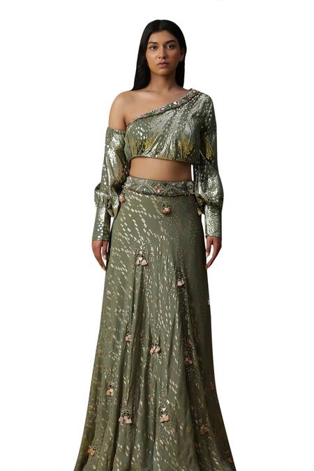 Arpita Sulakshana Green Georgette, Net, Crepe Sequins, Embroidered Textured Lehenga Blouse Set at Aza Fashions Arpita Sulakshana_Green Georgette, Net, Crepe Sequins, Embroidered Textured Lehenga Blouse Set _at_Aza_Fashions