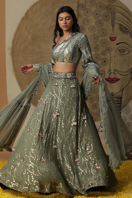 Shop Arpita Sulakshana Green Georgette, Net, Crepe Sequins, Embroidered Textured Lehenga Blouse Set Shop_Arpita Sulakshana_Green Georgette, Net, Crepe Sequins, Embroidered Textured Lehenga Blouse Set