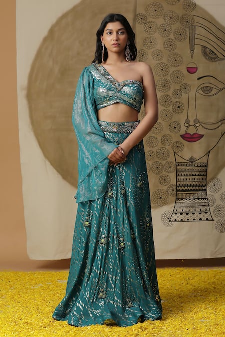 arpita sulakshana Blue Lehenga And Blouse Cotton Embroidered Sequins Asymmetric Set 