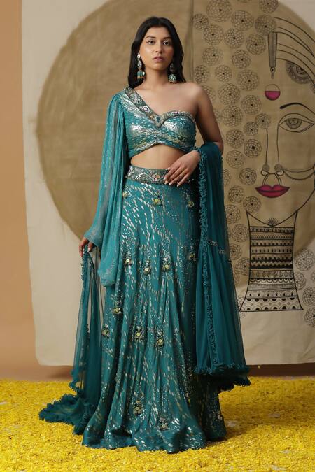 Arpita Sulakshana_Blue Cotton, Net Sequins, Crystals, Fringe Embroidered Lehenga Blouse Set _Online_at_Aza_Fashions