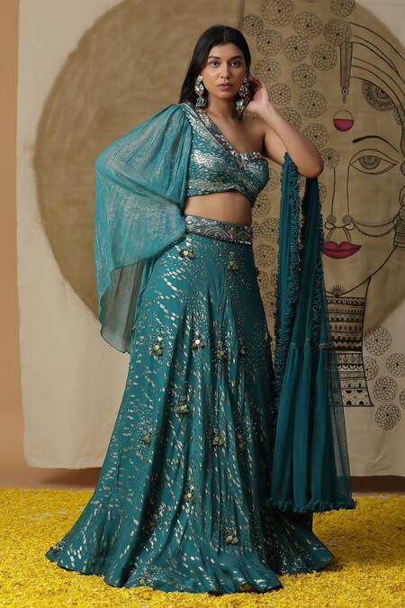 Shop_Arpita Sulakshana_Blue Cotton, Net Sequins, Crystals, Fringe Embroidered Lehenga Blouse Set _Online_at_Aza_Fashions