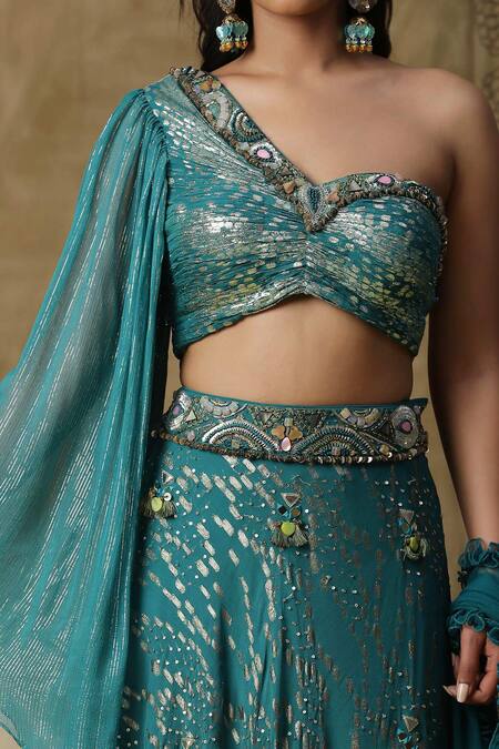 Arpita Sulakshana_Blue Cotton, Net Sequins, Crystals, Fringe Embroidered Lehenga Blouse Set _at_Aza_Fashions