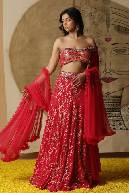 arpita sulakshana Red Lehenga And Blouse Georgette Embroidered Sequins Asymmetric Pleated Set 