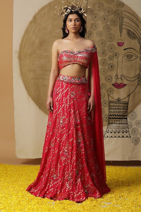 Arpita Sulakshana_Red Georgette, Net, Crepe Sequins, Embroidered Lehenga Pleated Blouse Set _Online_at_Aza_Fashions