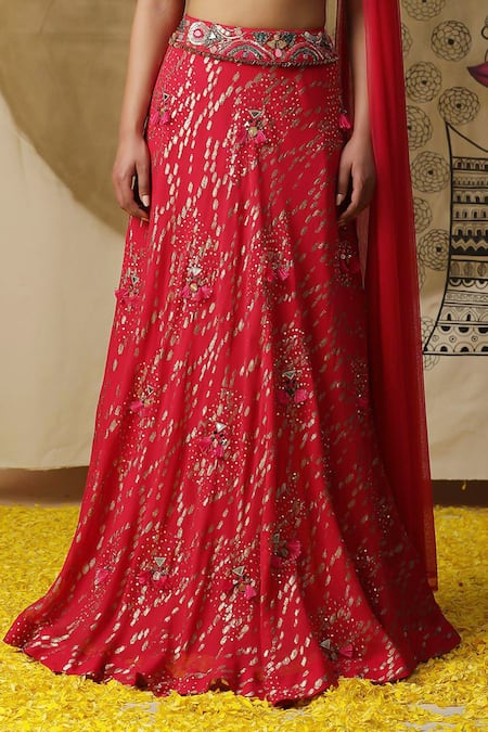 Buy_Arpita Sulakshana_Red Georgette, Net, Crepe Sequins, Embroidered Lehenga Pleated Blouse Set _Online_at_Aza_Fashions