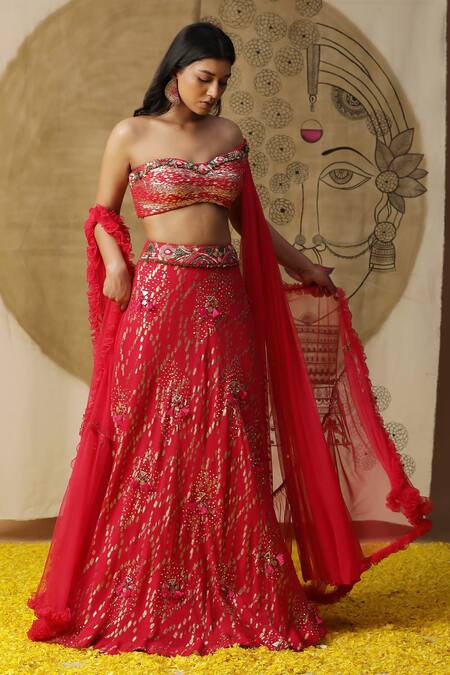 Shop_Arpita Sulakshana_Red Georgette, Net, Crepe Sequins, Embroidered Lehenga Pleated Blouse Set _Online_at_Aza_Fashions
