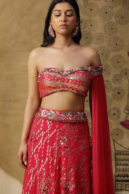 Arpita Sulakshana_Red Georgette, Net, Crepe Sequins, Embroidered Lehenga Pleated Blouse Set _at_Aza_Fashions
