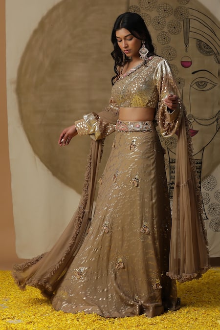 arpita sulakshana Brown Lehenga And Blouse Cotton Embroidered Sequins Asymmetric Textured Set 