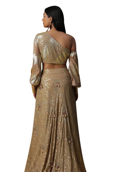 Arpita Sulakshana Brown Cotton, Net, Crepe Sequins, Textured Embroidered Lehenga Blouse Set Online at Aza Fashions Arpita Sulakshana_Brown Cotton, Net, Crepe Sequins, Textured Embroidered Lehenga Blouse Set _Online_at_Aza_Fashions