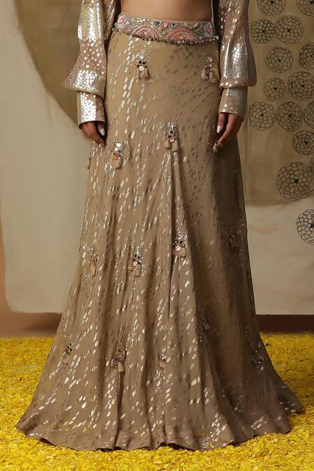 Shop Arpita Sulakshana Brown Cotton, Net, Crepe Sequins, Textured Embroidered Lehenga Blouse Set Online at Aza Fashions Shop_Arpita Sulakshana_Brown Cotton, Net, Crepe Sequins, Textured Embroidered Lehenga Blouse Set _Online_at_Aza_Fashions