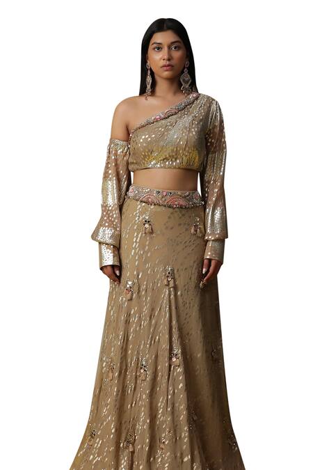 Arpita Sulakshana Brown Cotton, Net, Crepe Sequins, Textured Embroidered Lehenga Blouse Set at Aza Fashions Arpita Sulakshana_Brown Cotton, Net, Crepe Sequins, Textured Embroidered Lehenga Blouse Set _at_Aza_Fashions