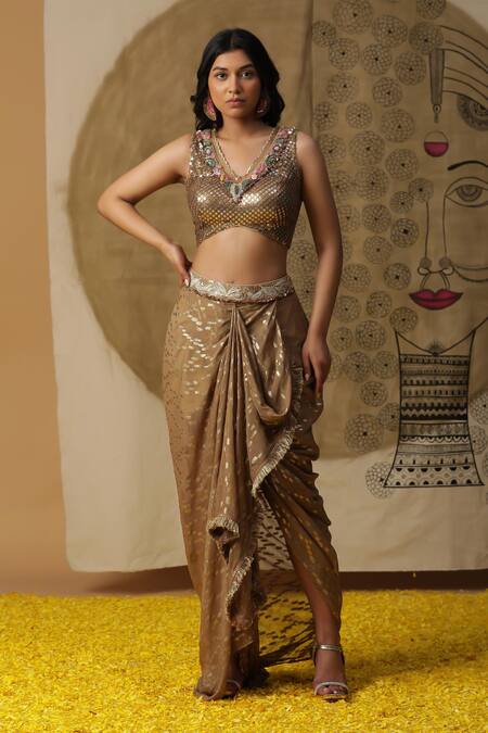 Arpita Sulakshana_Brown Georgette, Crepe Sequins, Crystals V-neck Textured Blouse Dhoti Pant Set _Online_at_Aza_Fashions