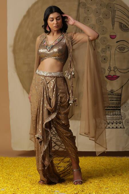 Shop_Arpita Sulakshana_Brown Georgette, Crepe Sequins, Crystals V-neck Textured Blouse Dhoti Pant Set _Online_at_Aza_Fashions