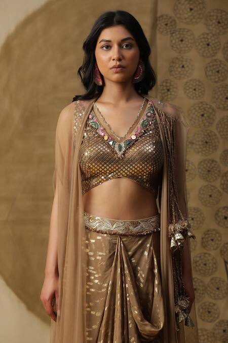 Arpita Sulakshana_Brown Georgette, Crepe Sequins, Crystals V-neck Textured Blouse Dhoti Pant Set _at_Aza_Fashions